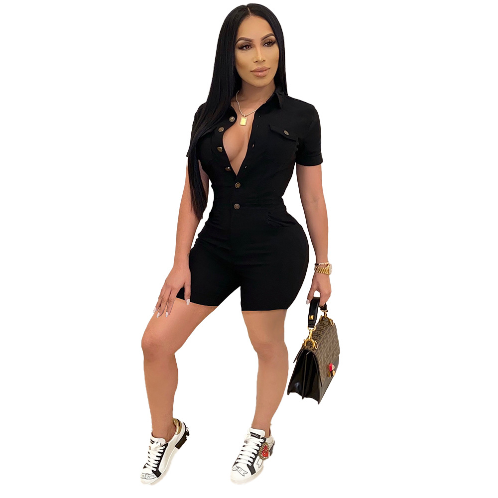 Summer Fashion Solid Color Button Short Sleeve Jumpsuit