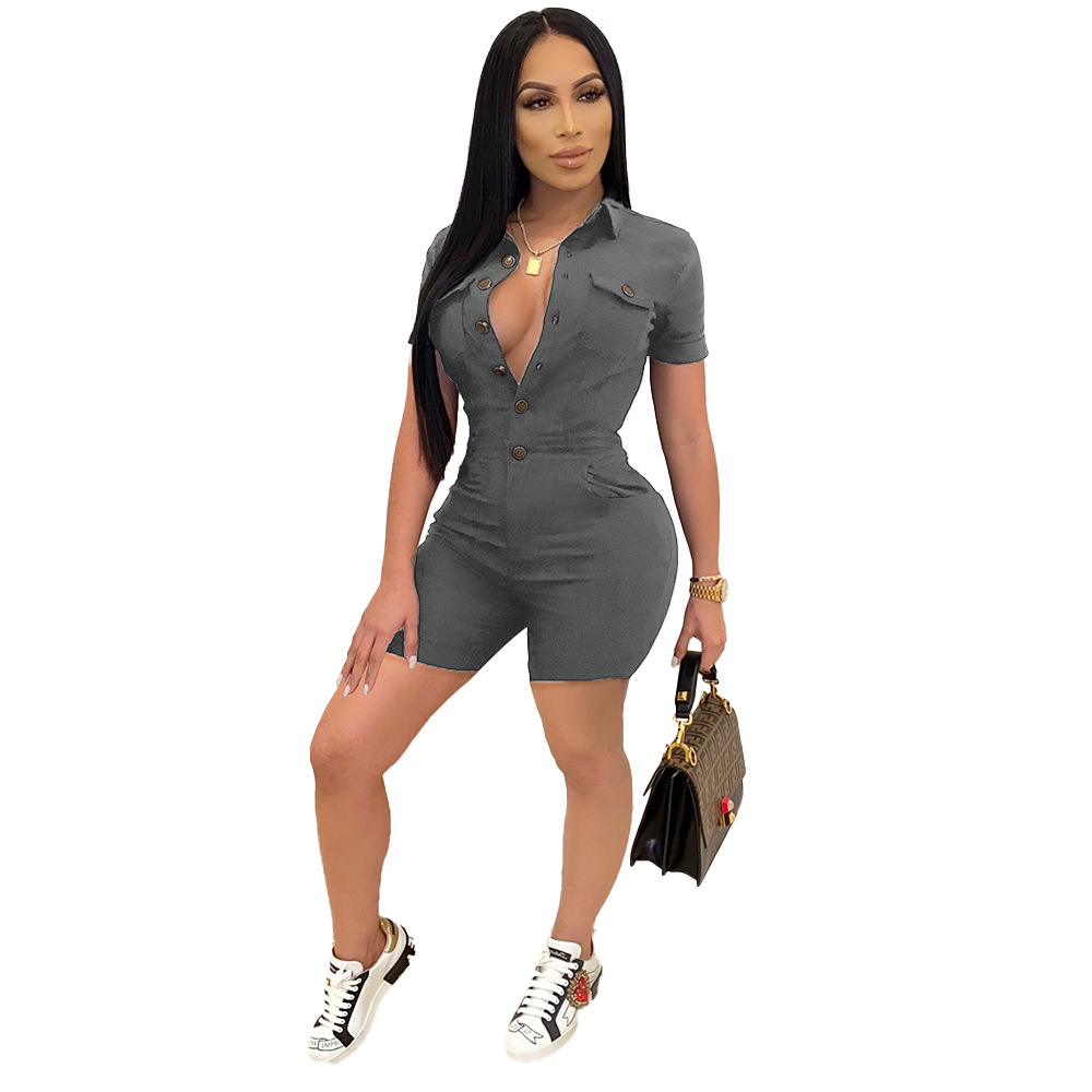 Summer Fashion Solid Color Button Short Sleeve Jumpsuit