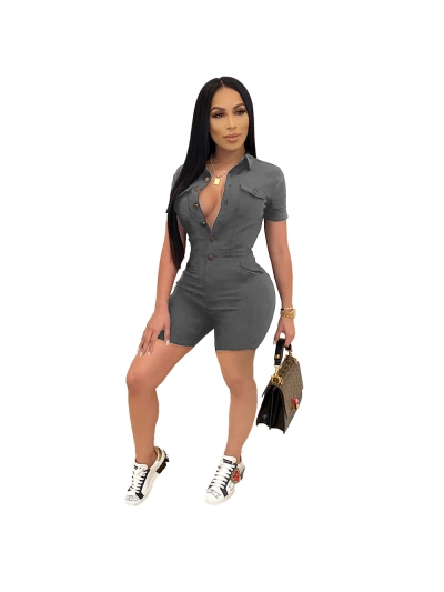 Summer Fashion Solid Color Button Short Sleeve Jumpsuit 01
