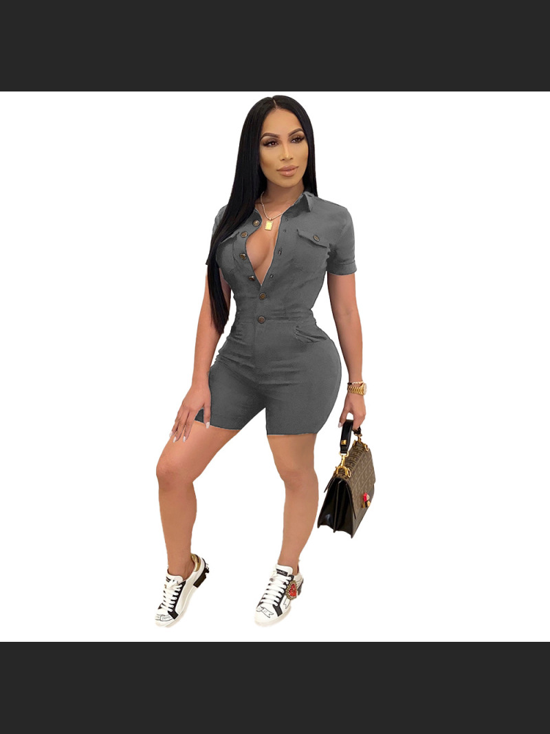 Summer Fashion Solid Color Button Short Sleeve Jumpsuit