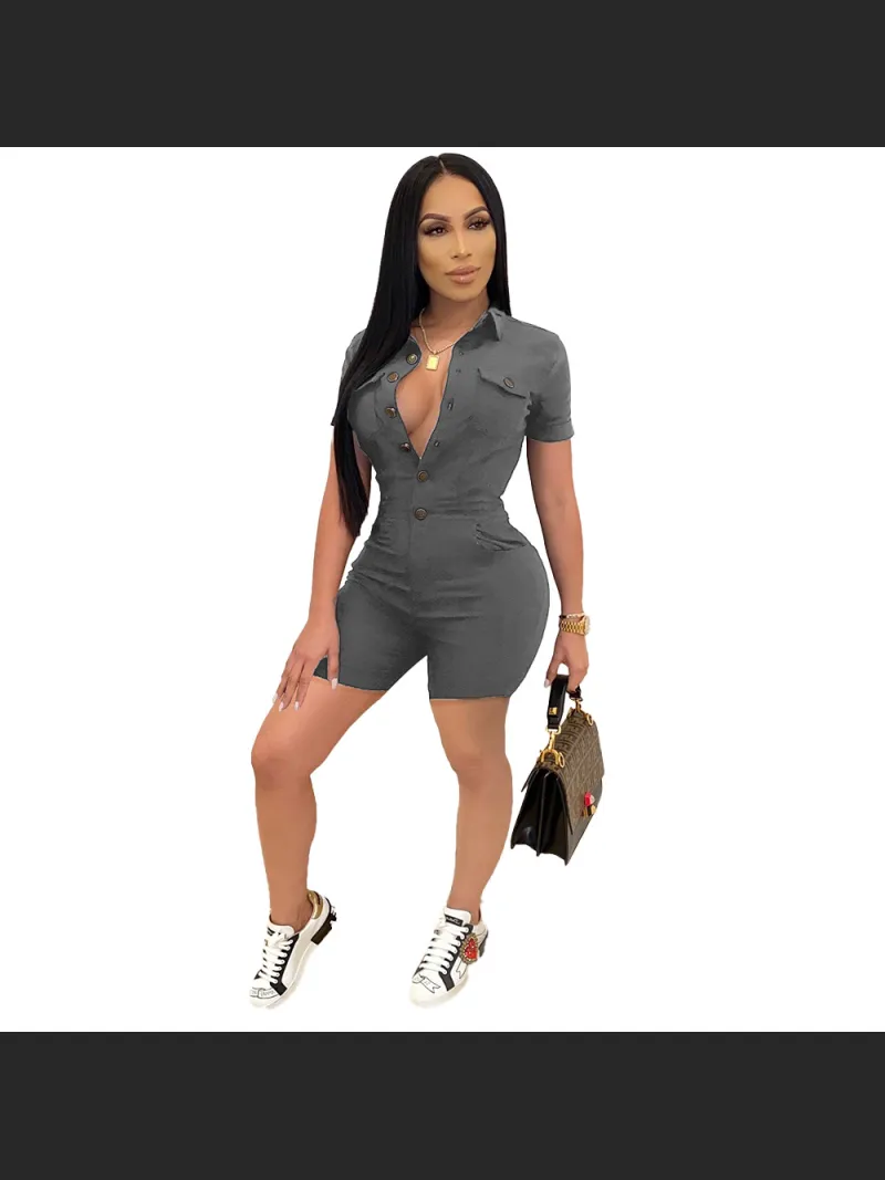 Summer Fashion Solid Color Button Short Sleeve Jumpsuit