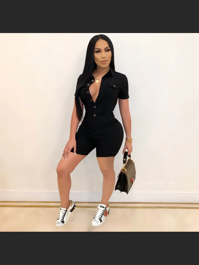 Summer Fashion Solid Color Button Short Sleeve Jumpsuit