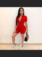 Summer Fashion Solid Color Button Short Sleeve Jumpsuit