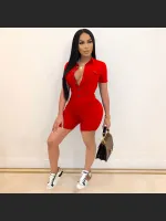 Summer Fashion Solid Color Button Short Sleeve Jumpsuit