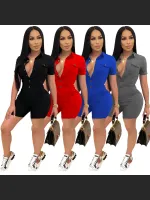 Summer Fashion Solid Color Button Short Sleeve Jumpsuit