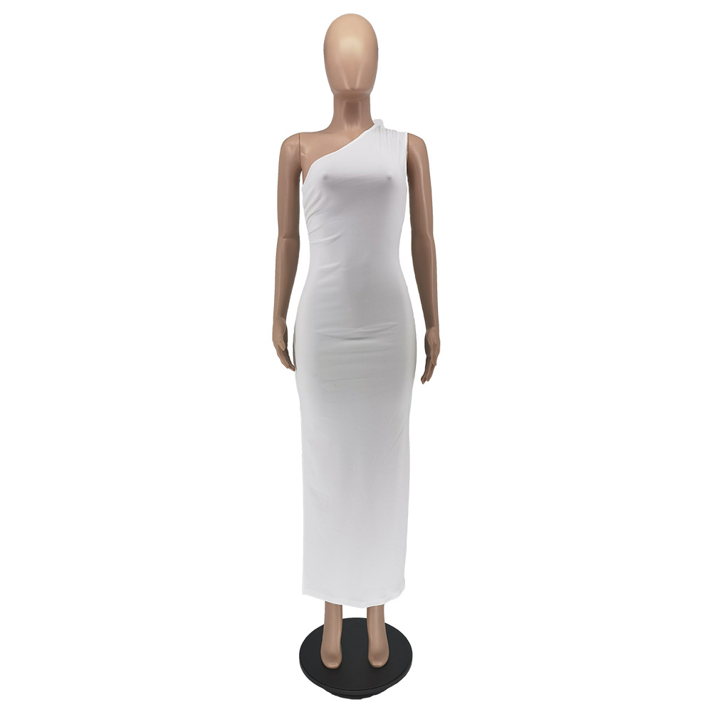 Summer Fashion Solid Color Single Shoulder Split Dress