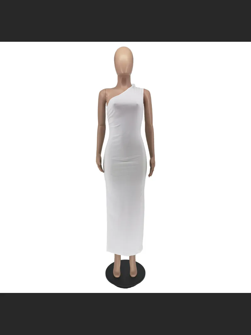 Summer Fashion Solid Color Single Shoulder Split Dress