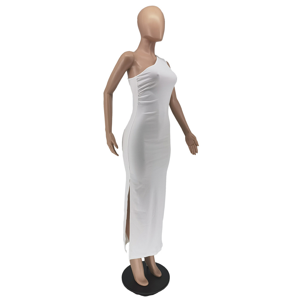 Summer Fashion Solid Color Single Shoulder Split Dress