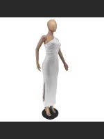 Summer Fashion Solid Color Single Shoulder Split Dress