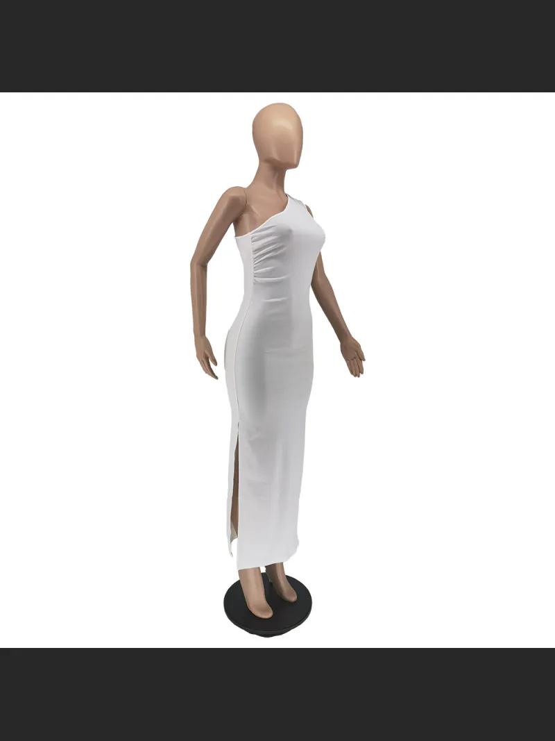 Summer Fashion Solid Color Single Shoulder Split Dress