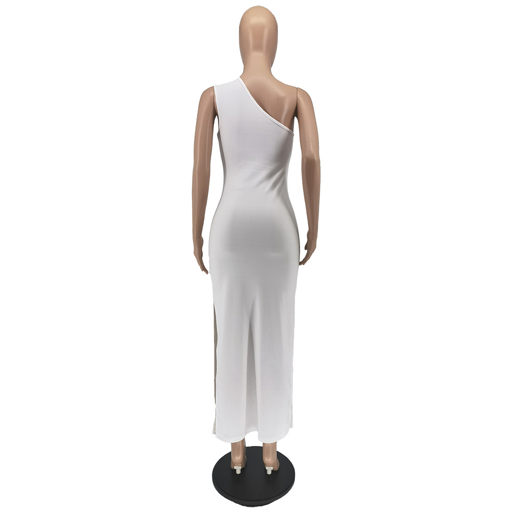 Summer Fashion Solid Color Single Shoulder Split Dress