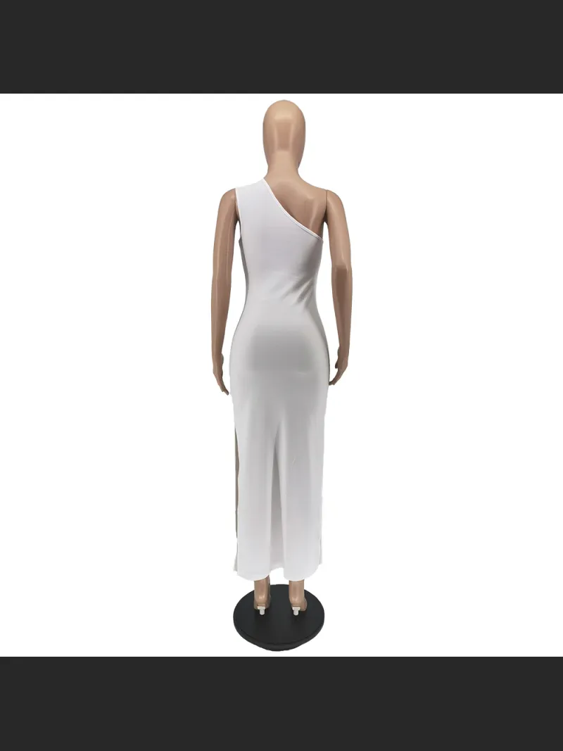 Summer Fashion Solid Color Single Shoulder Split Dress