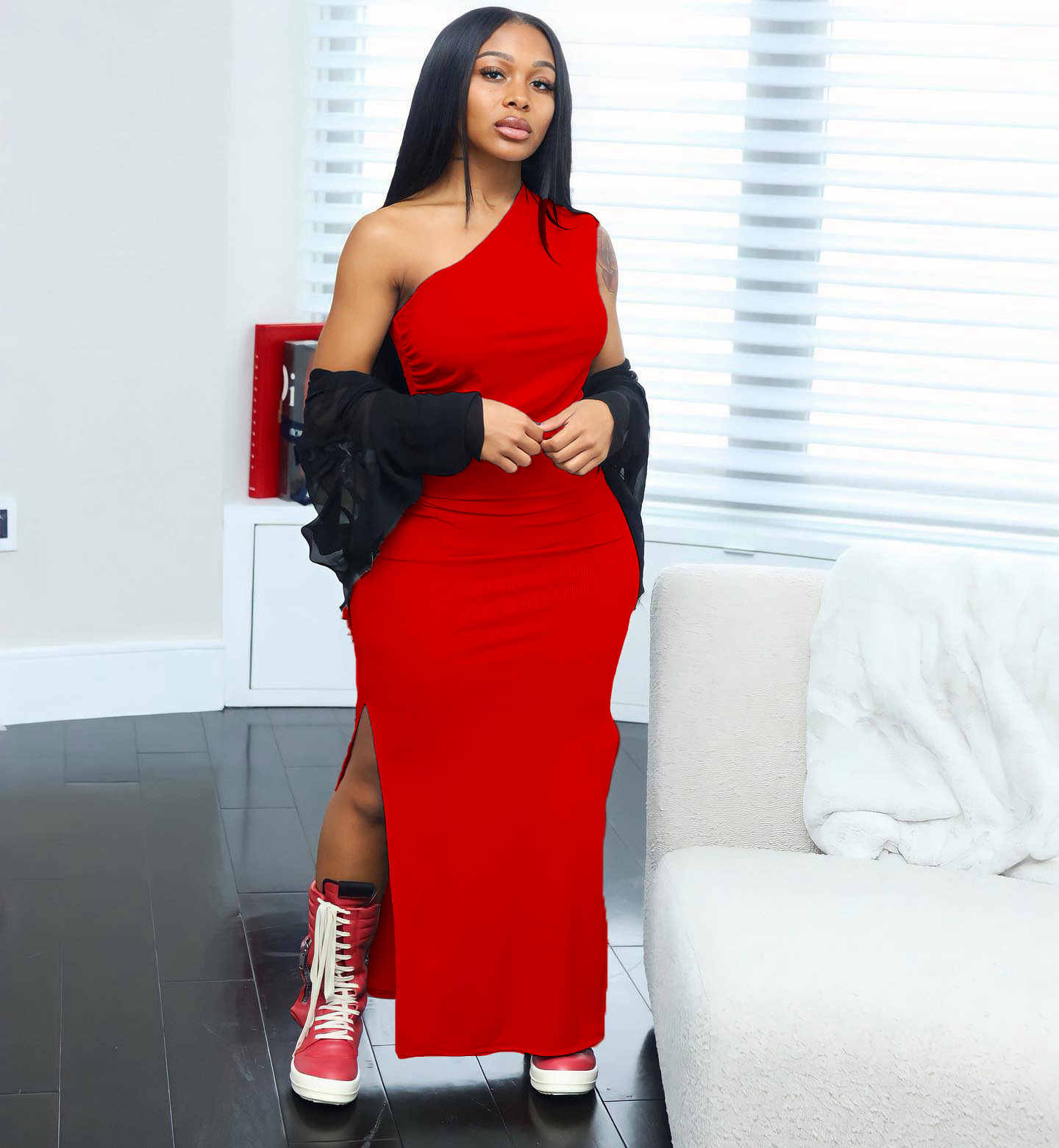 Summer Fashion Solid Color Single Shoulder Split Dress