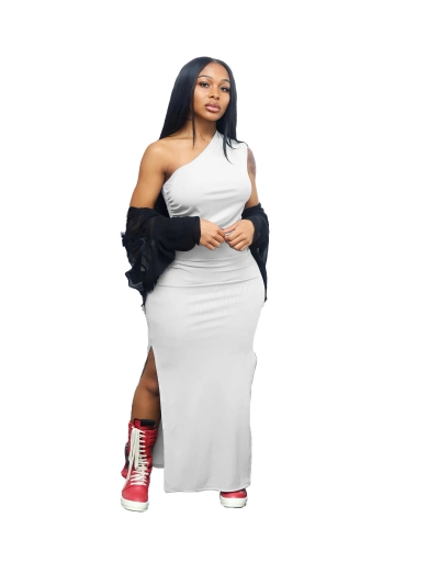 Summer Fashion Solid Color Single Shoulder Split Dress 02