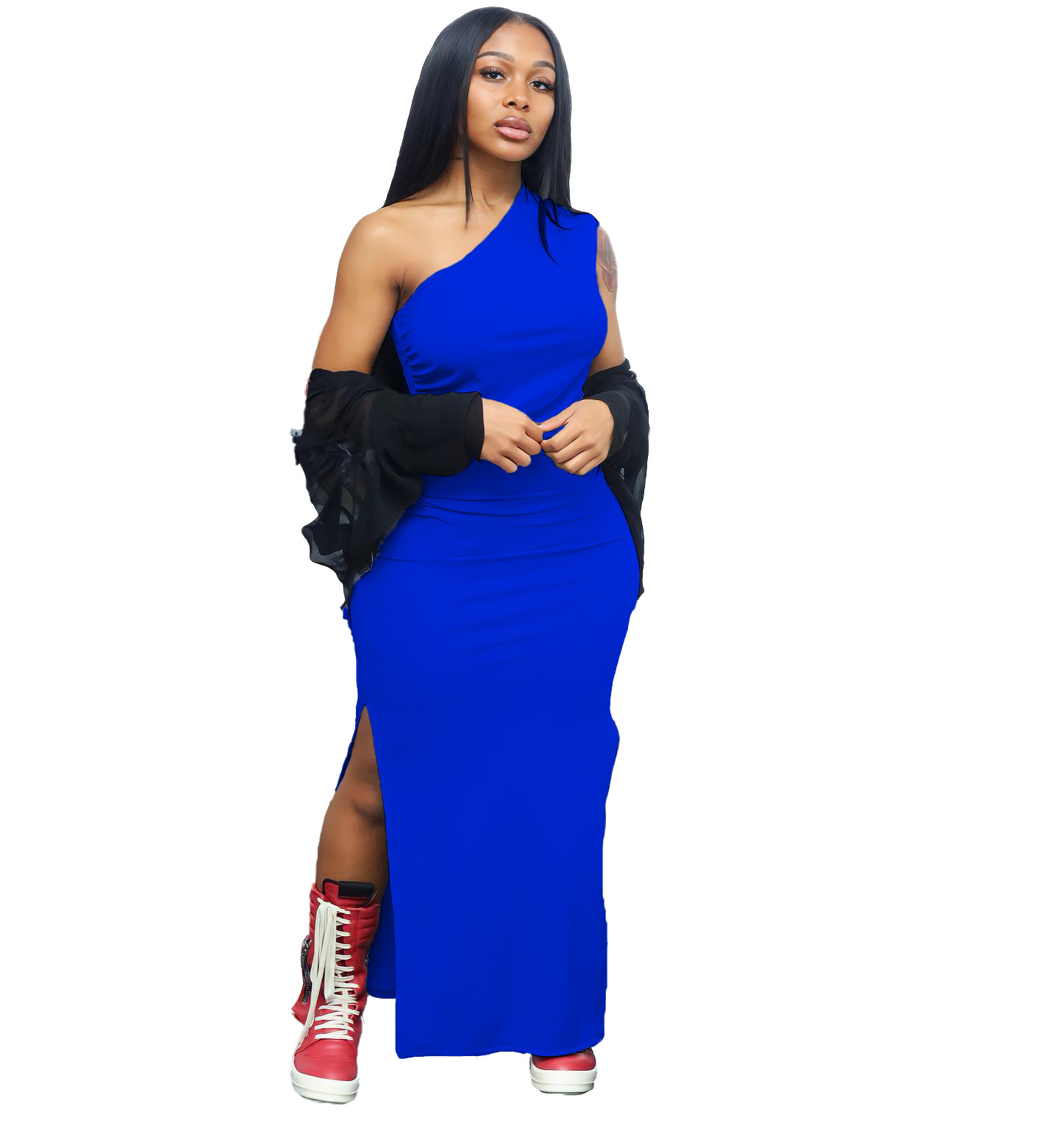 Summer Fashion Solid Color Single Shoulder Split Dress