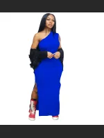 Summer Fashion Solid Color Single Shoulder Split Dress