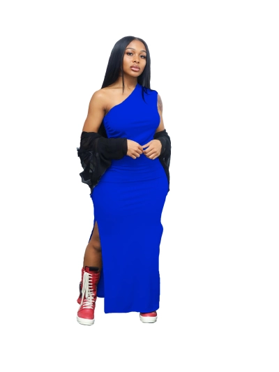 Summer Fashion Solid Color Single Shoulder Split Dress 01