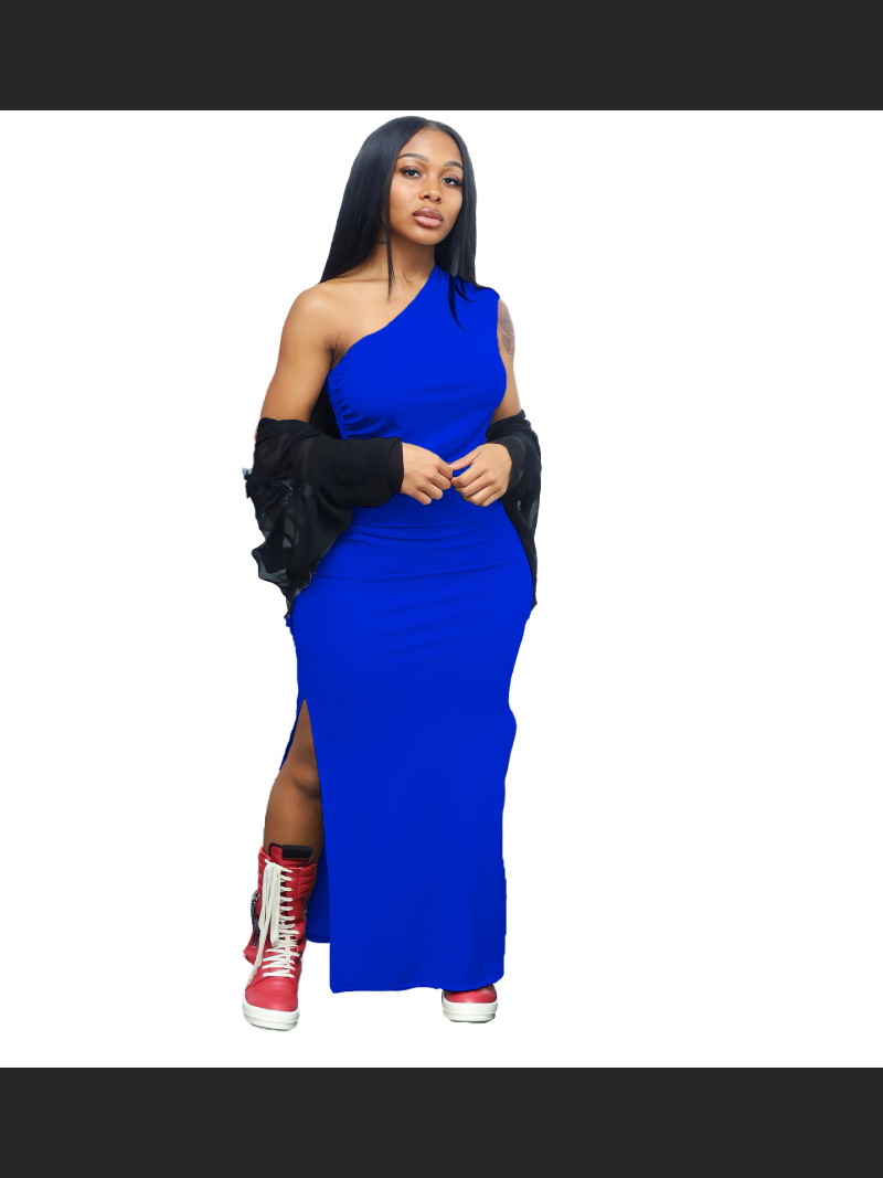 Summer Fashion Solid Color Single Shoulder Split Dress