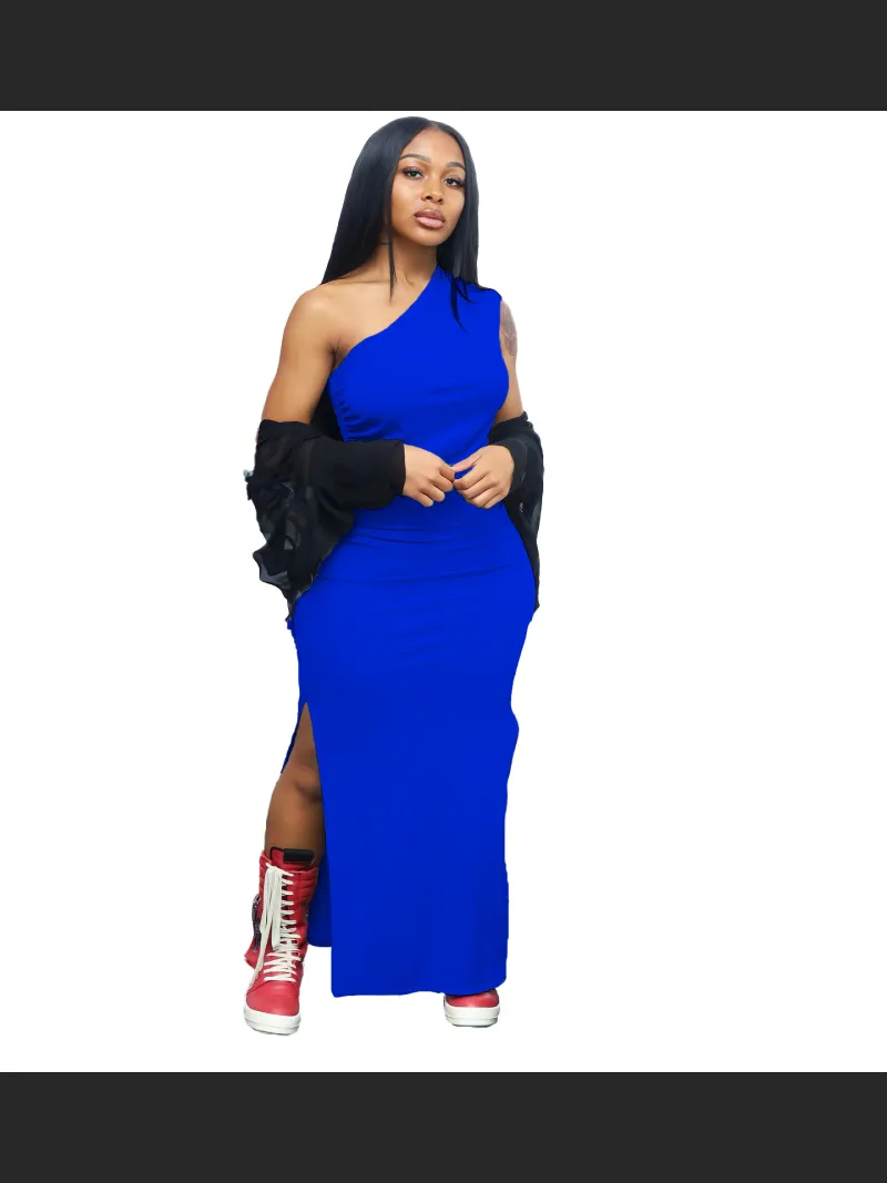 Summer Fashion Solid Color Single Shoulder Split Dress