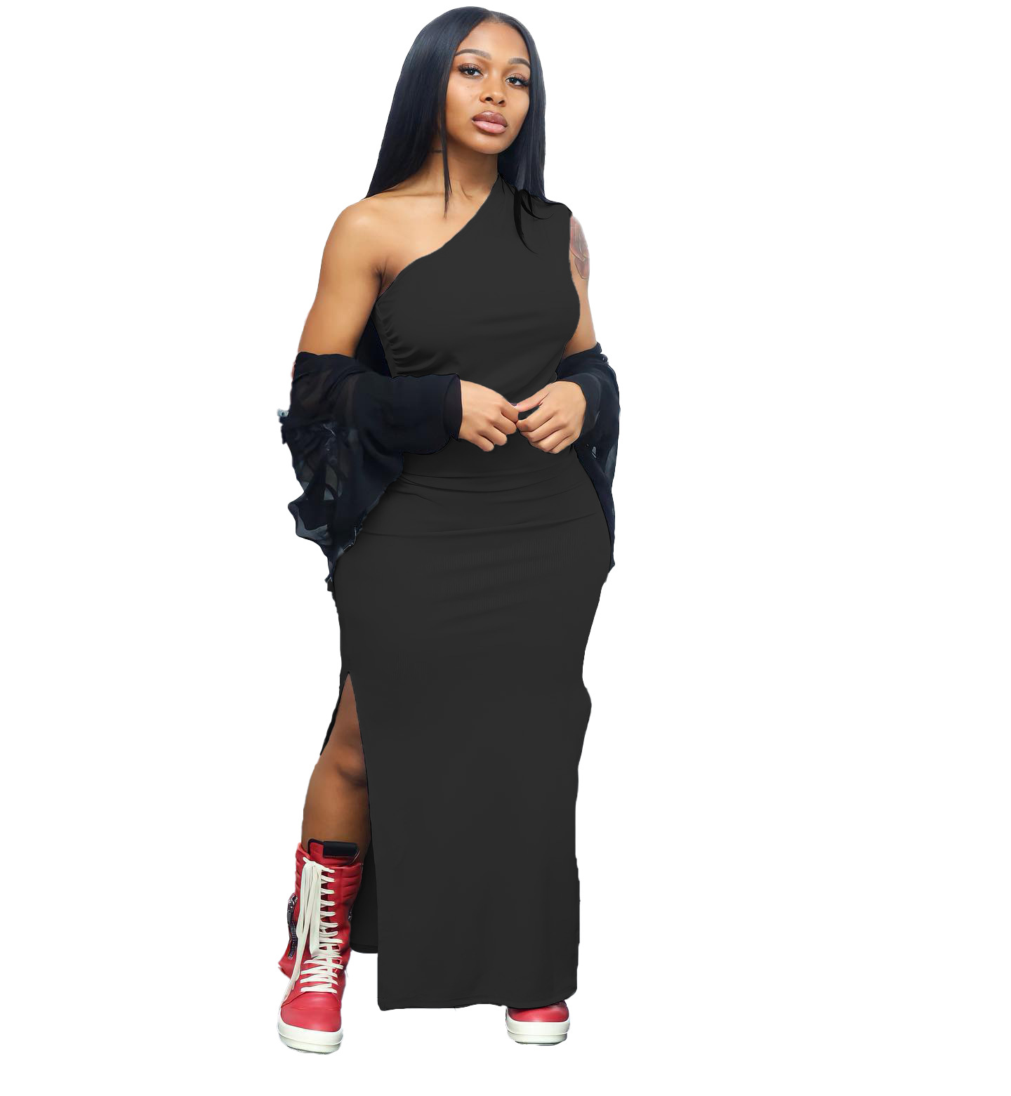 Summer Fashion Solid Color Single Shoulder Split Dress