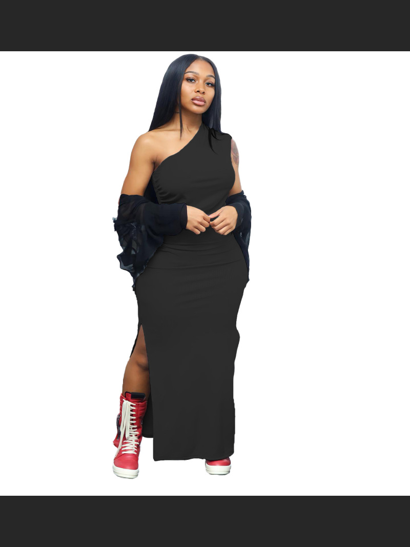 Summer Fashion Solid Color Single Shoulder Split Dress