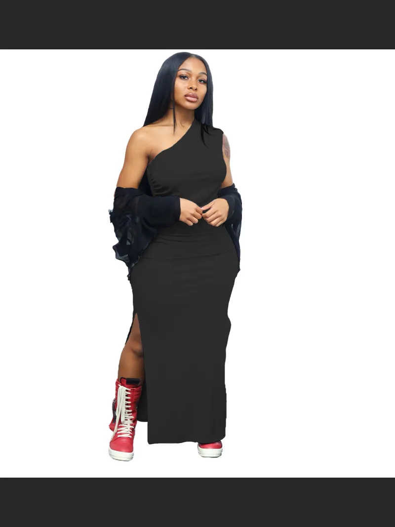 Summer Fashion Solid Color Single Shoulder Split Dress
