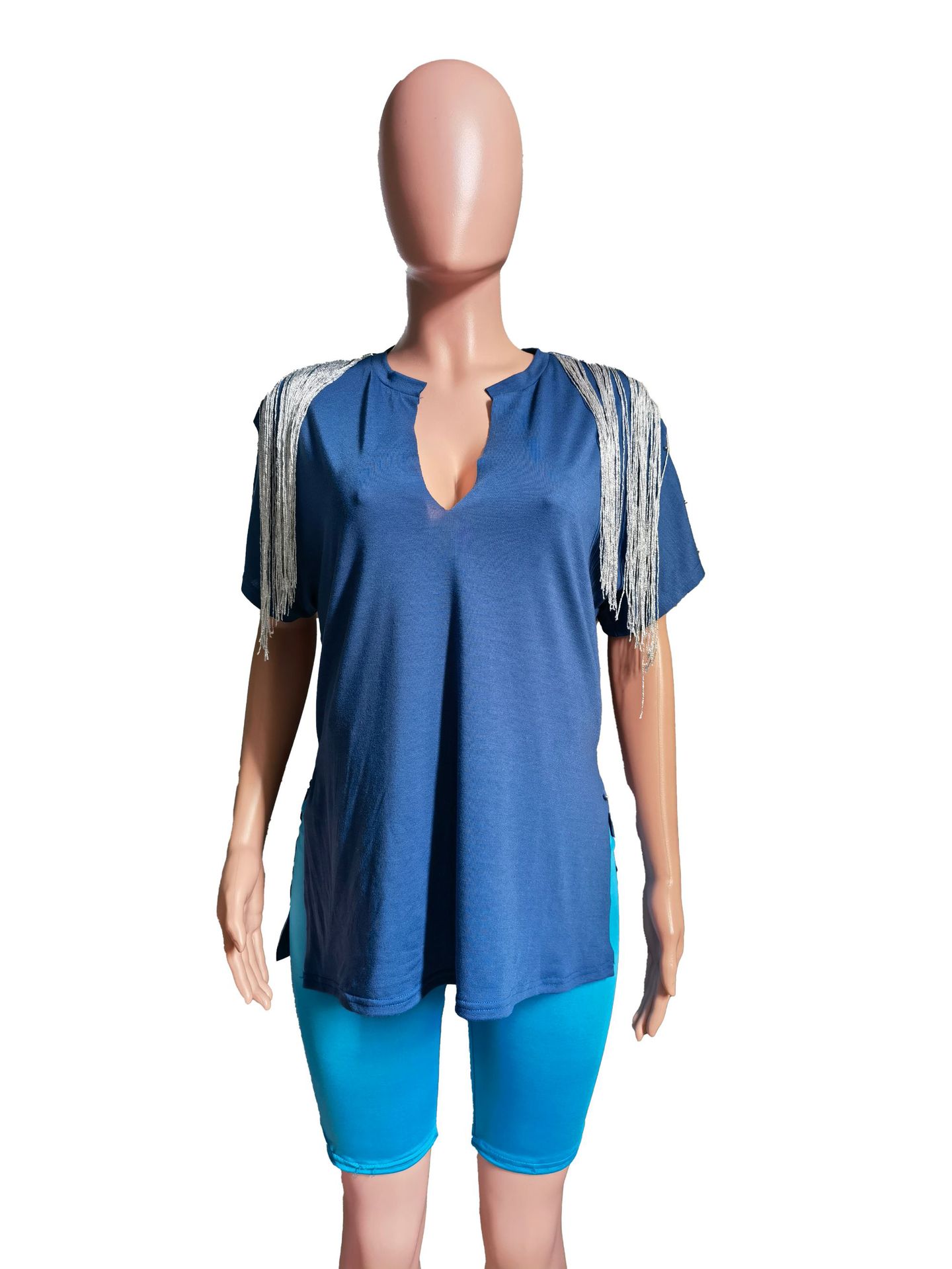 Summer Fashion Tassel V-neck Pin T-shirt