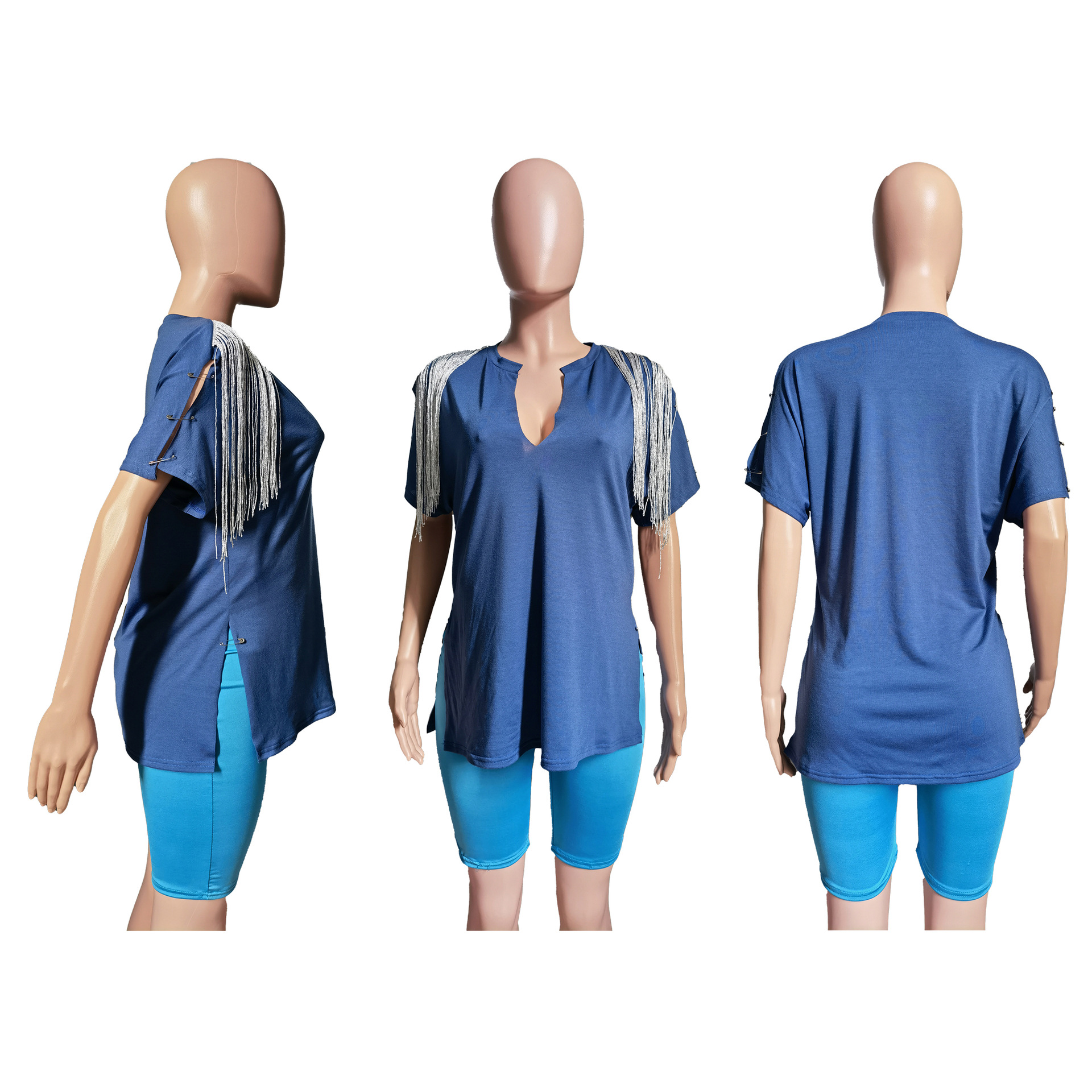 Summer Fashion Tassel V-neck Pin T-shirt