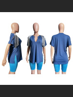 Summer Fashion Tassel V-neck Pin T-shirt