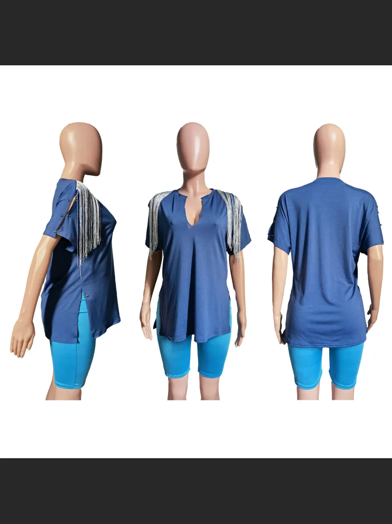 Summer Fashion Tassel V-neck Pin T-shirt