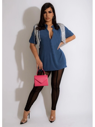 Summer Fashion Tassel V-neck Pin T-shirt 02