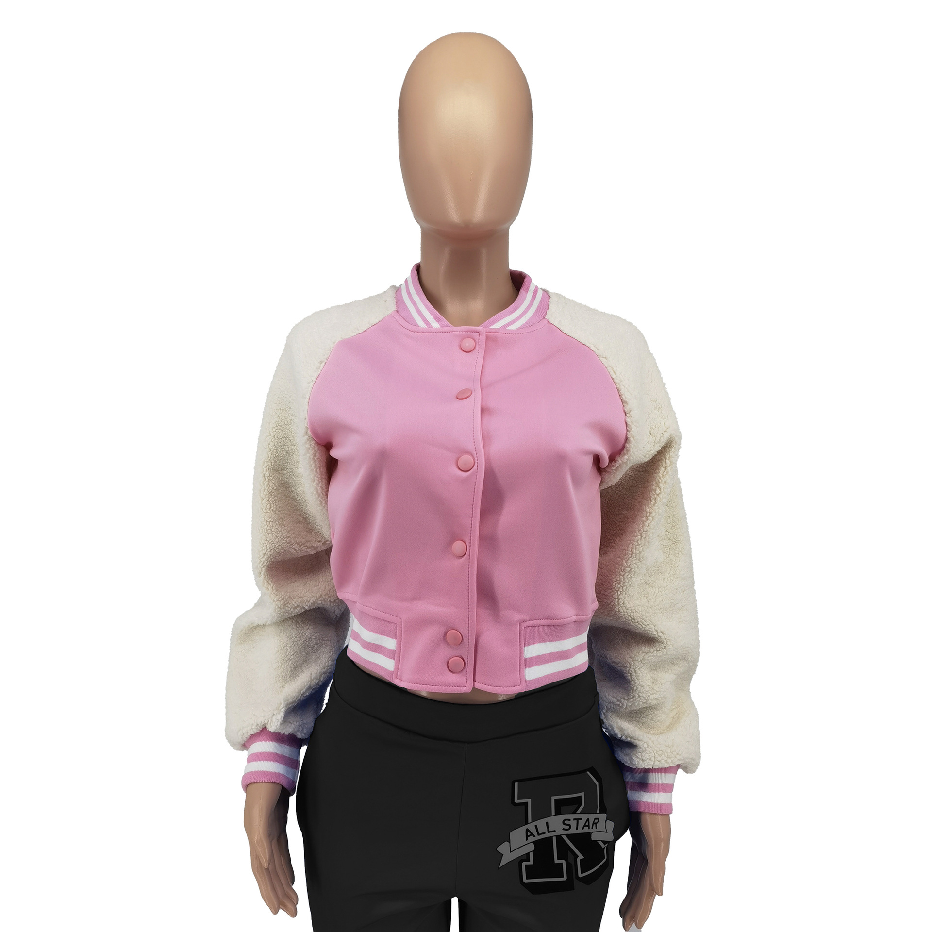 Autumn And Winter Spliced Lamb Fleece Sleeve Baseball Jacket