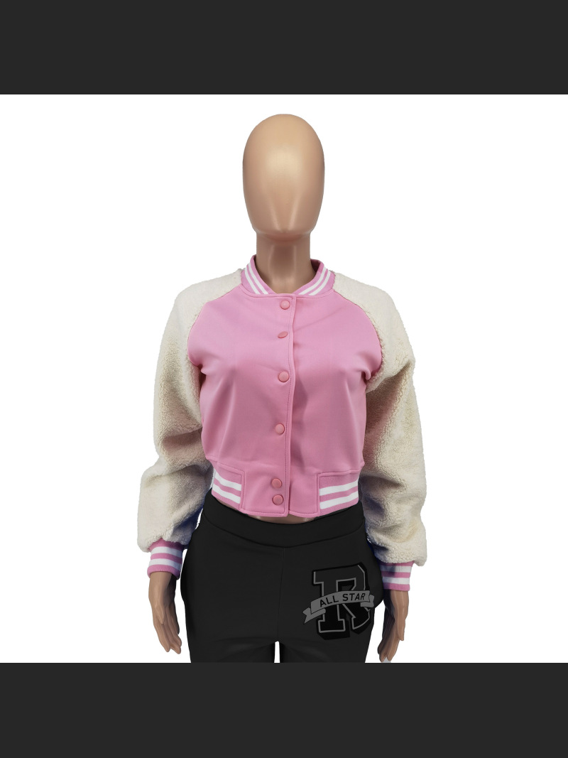 Autumn And Winter Spliced Lamb Fleece Sleeve Baseball Jacket