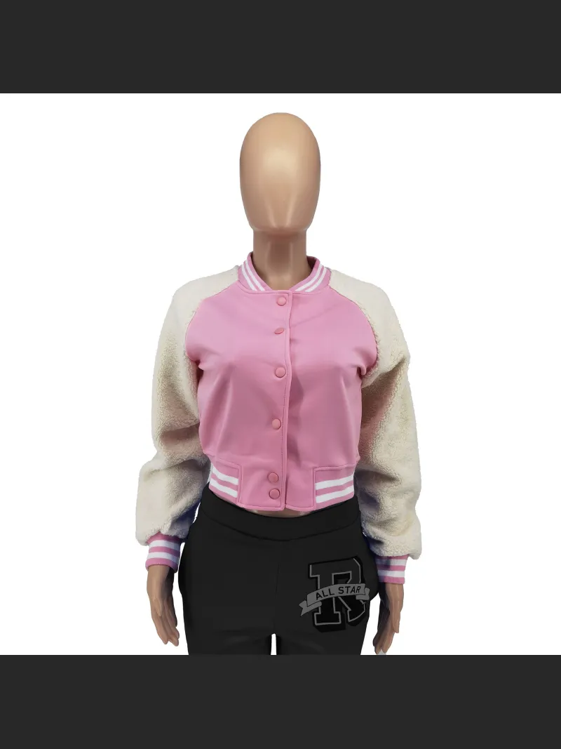 Autumn And Winter Spliced Lamb Fleece Sleeve Baseball Jacket