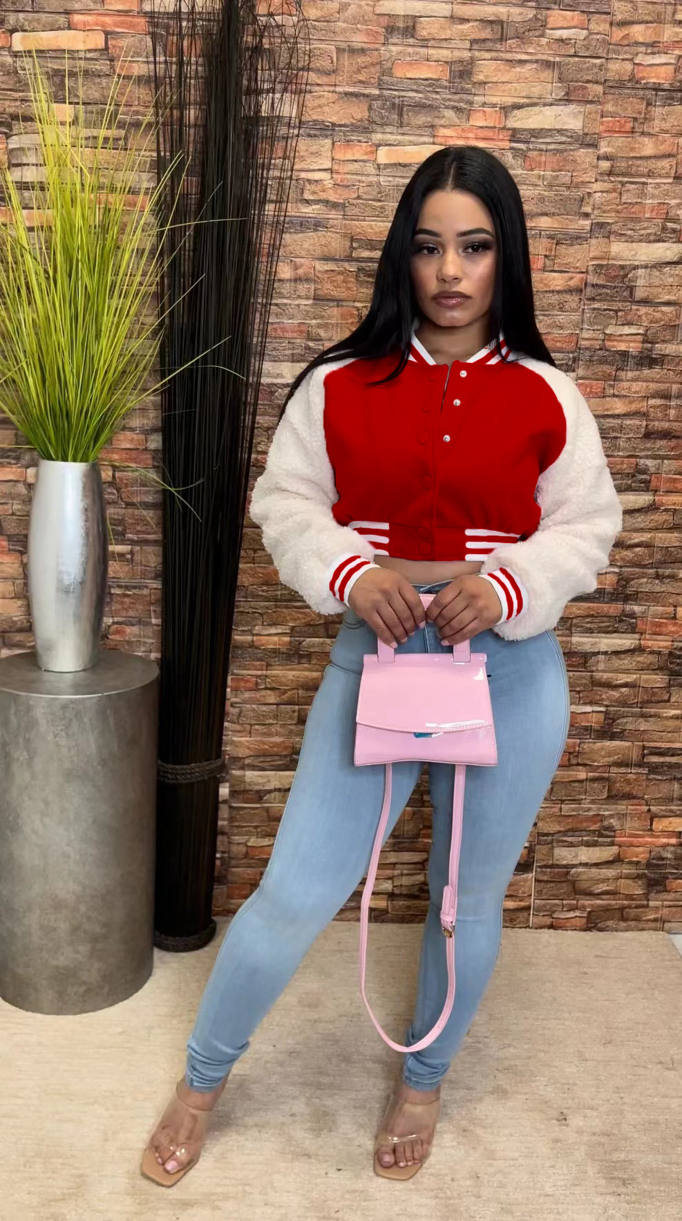 Autumn And Winter Spliced Lamb Fleece Sleeve Baseball Jacket