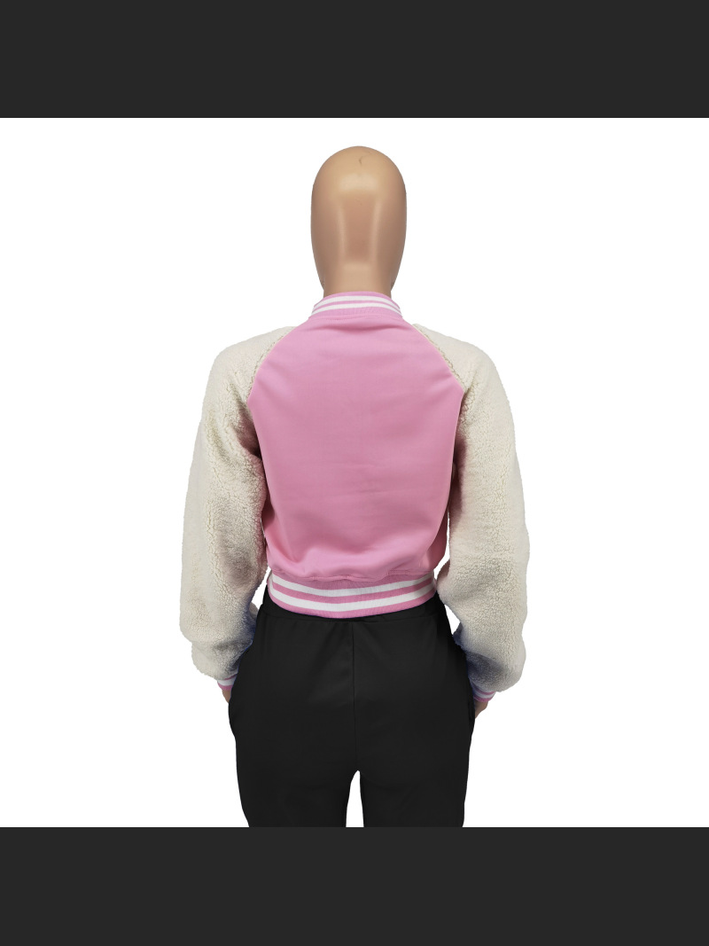 Autumn And Winter Spliced Lamb Fleece Sleeve Baseball Jacket
