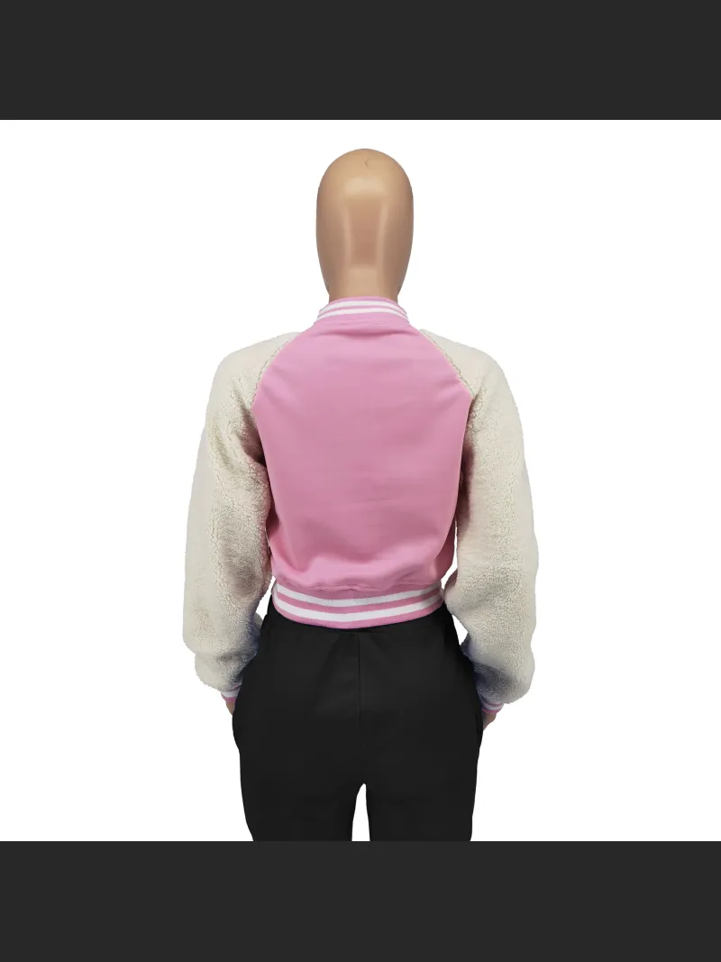 Autumn And Winter Spliced Lamb Fleece Sleeve Baseball Jacket