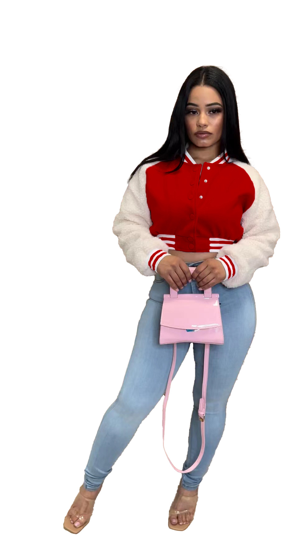 Autumn And Winter Spliced Lamb Fleece Sleeve Baseball Jacket