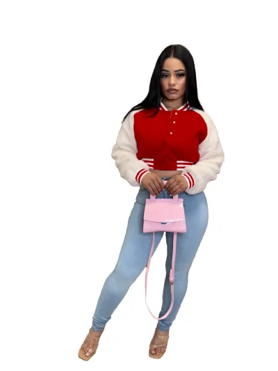 Autumn And Winter Spliced Lamb Fleece Sleeve Baseball Jacket 01