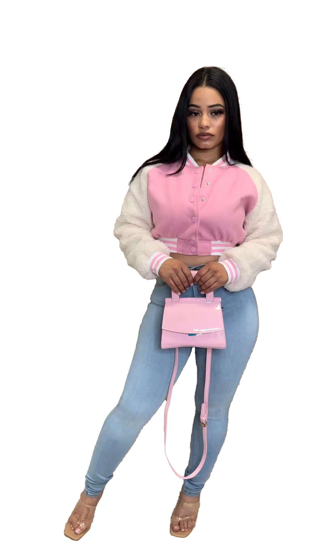 Autumn And Winter Spliced Lamb Fleece Sleeve Baseball Jacket