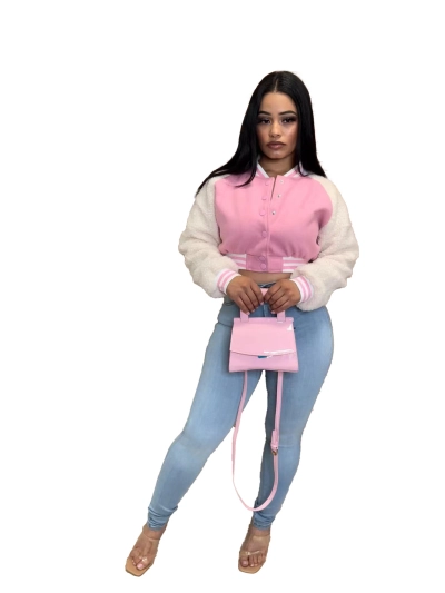 Autumn And Winter Spliced Lamb Fleece Sleeve Baseball Jacket 02