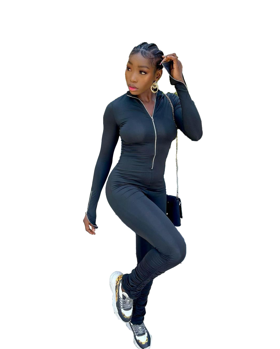 Autumn And Winter Zipper Sleeve Pleated Hem Solid Color Jumpsuit