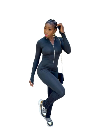 Autumn And Winter Zipper Sleeve Pleated Hem Solid Color Jumpsuit 01