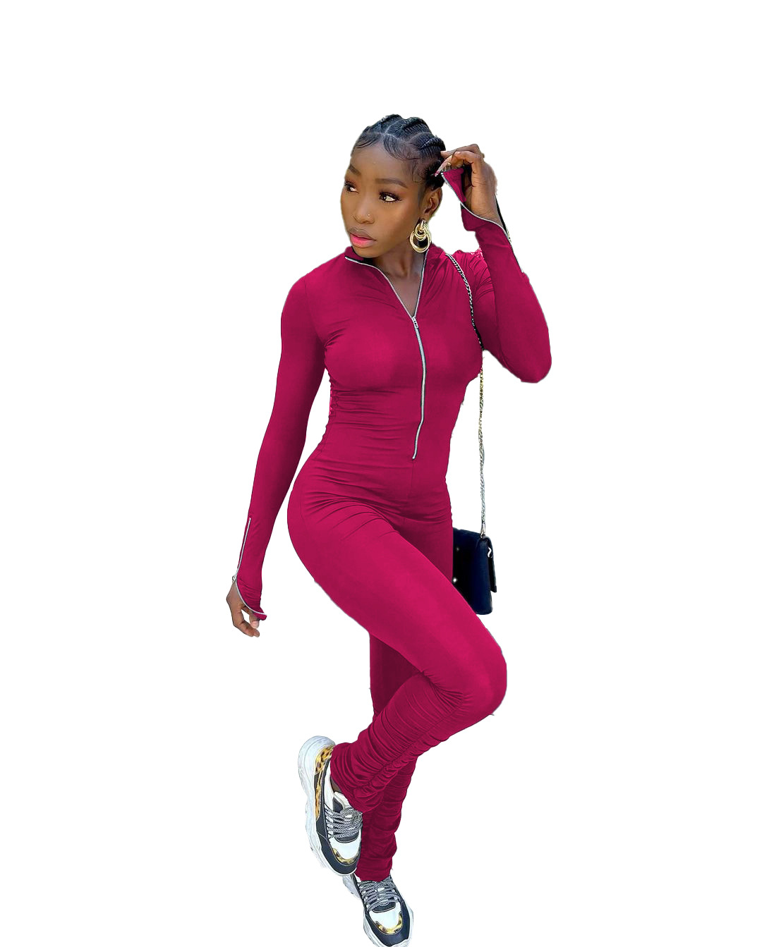 Autumn And Winter Zipper Sleeve Pleated Hem Solid Color Jumpsuit