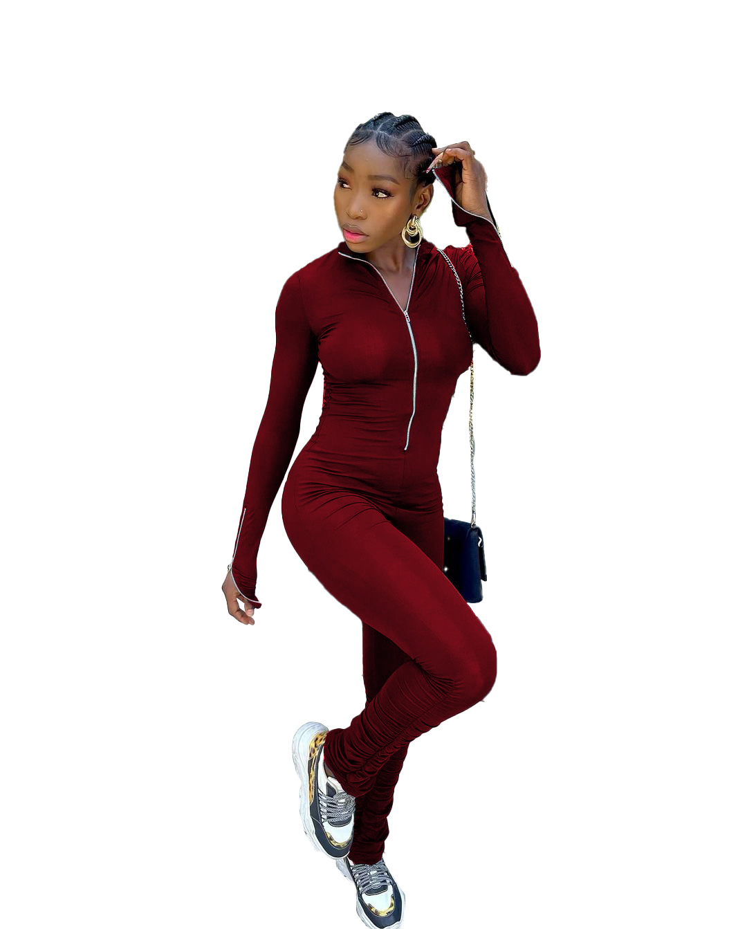 Autumn And Winter Zipper Sleeve Pleated Hem Solid Color Jumpsuit