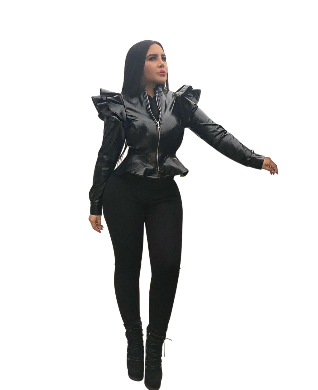 Casual Ruffle Edge Slim Fit Zipper Leather Jacket