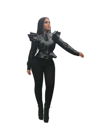 Casual Ruffle Edge Slim Fit Zipper Leather Jacket 01