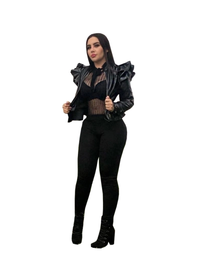 Casual Ruffle Edge Slim Fit Zipper Leather Jacket 02