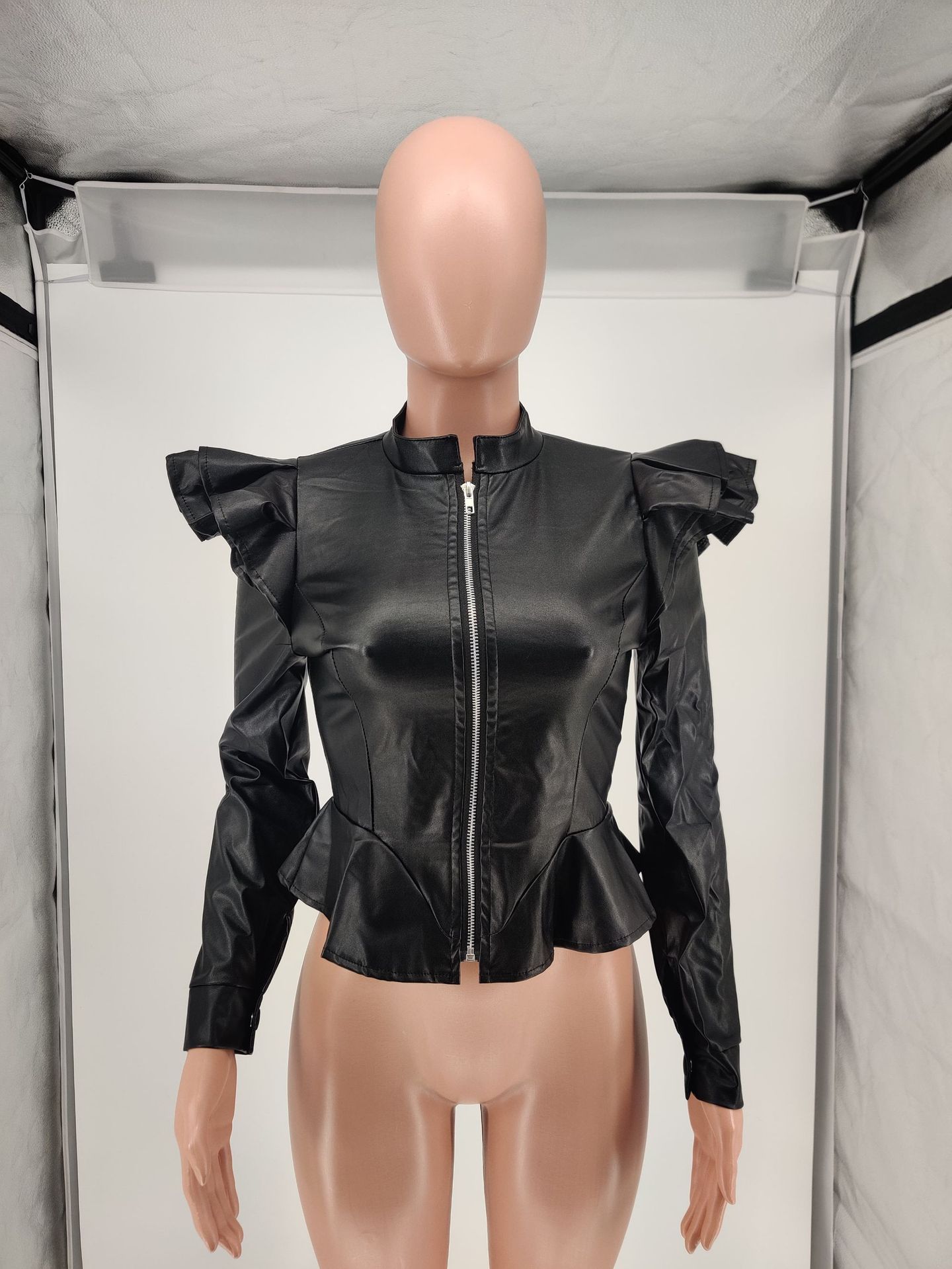 Casual Ruffle Edge Slim Fit Zipper Leather Jacket