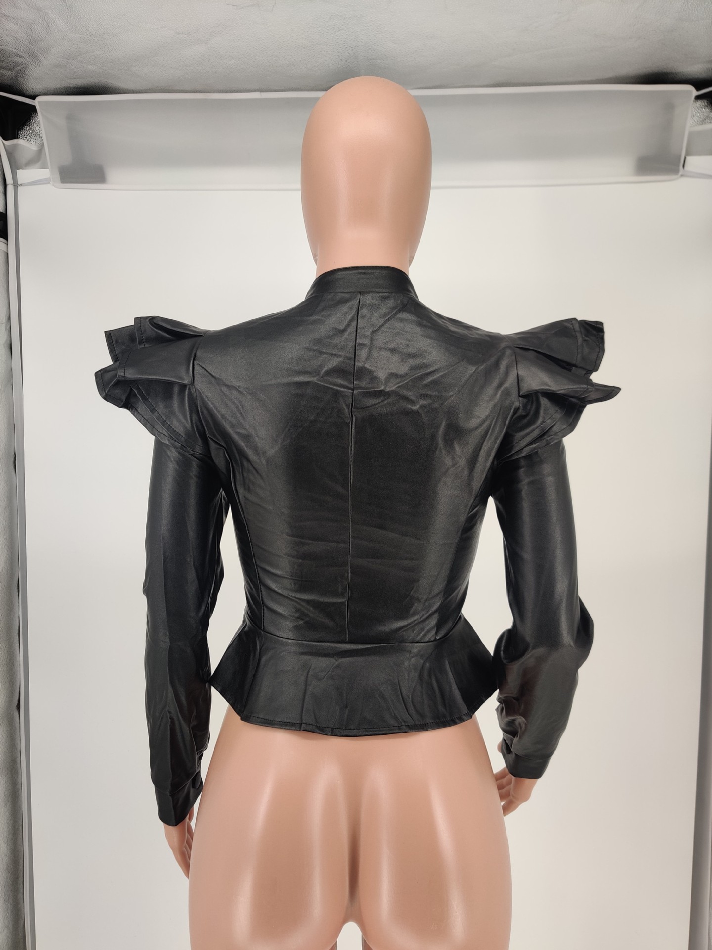 Casual Ruffle Edge Slim Fit Zipper Leather Jacket